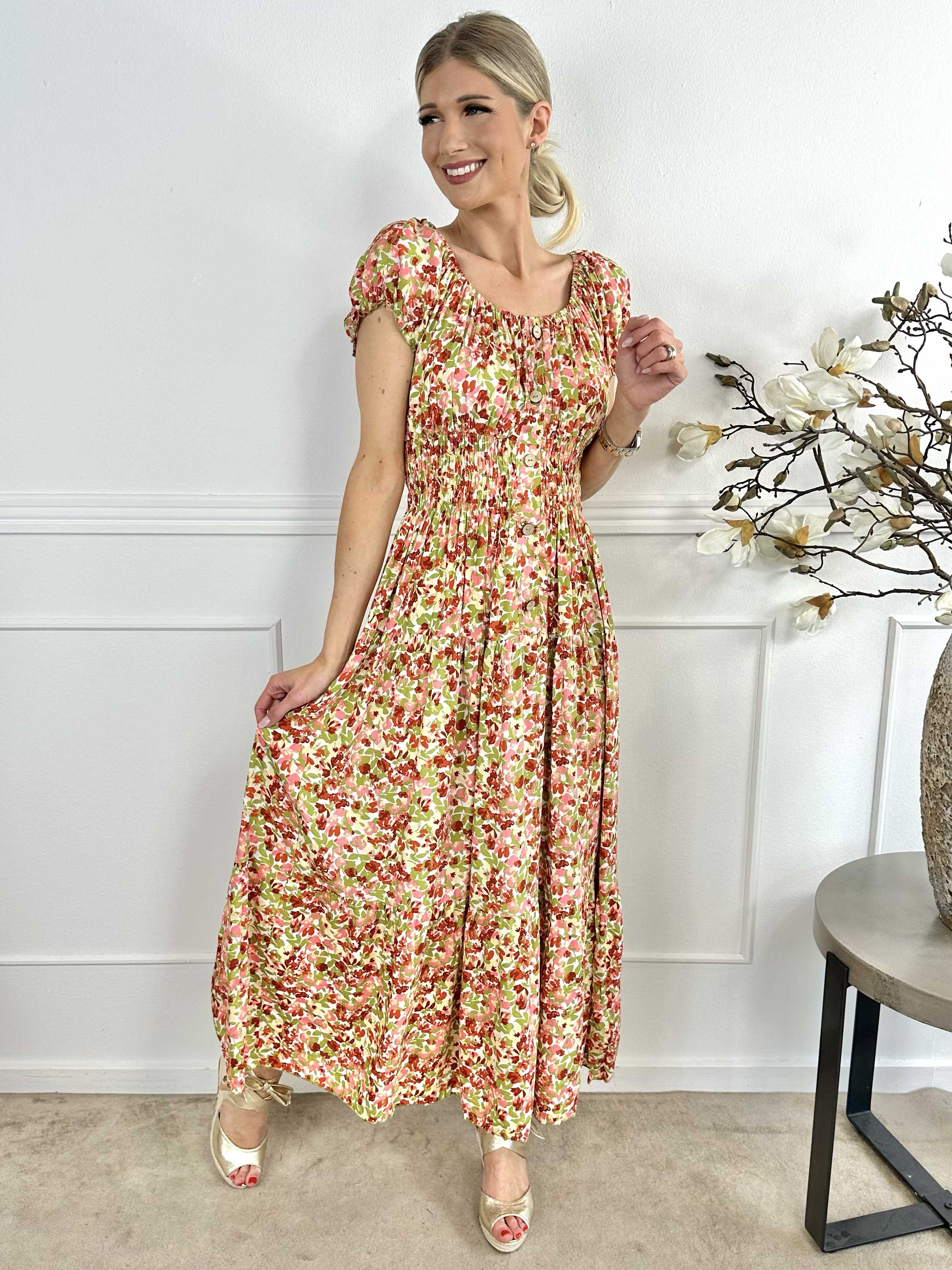 Elise Art - Lång mönstrad klänning med smock och träknappar